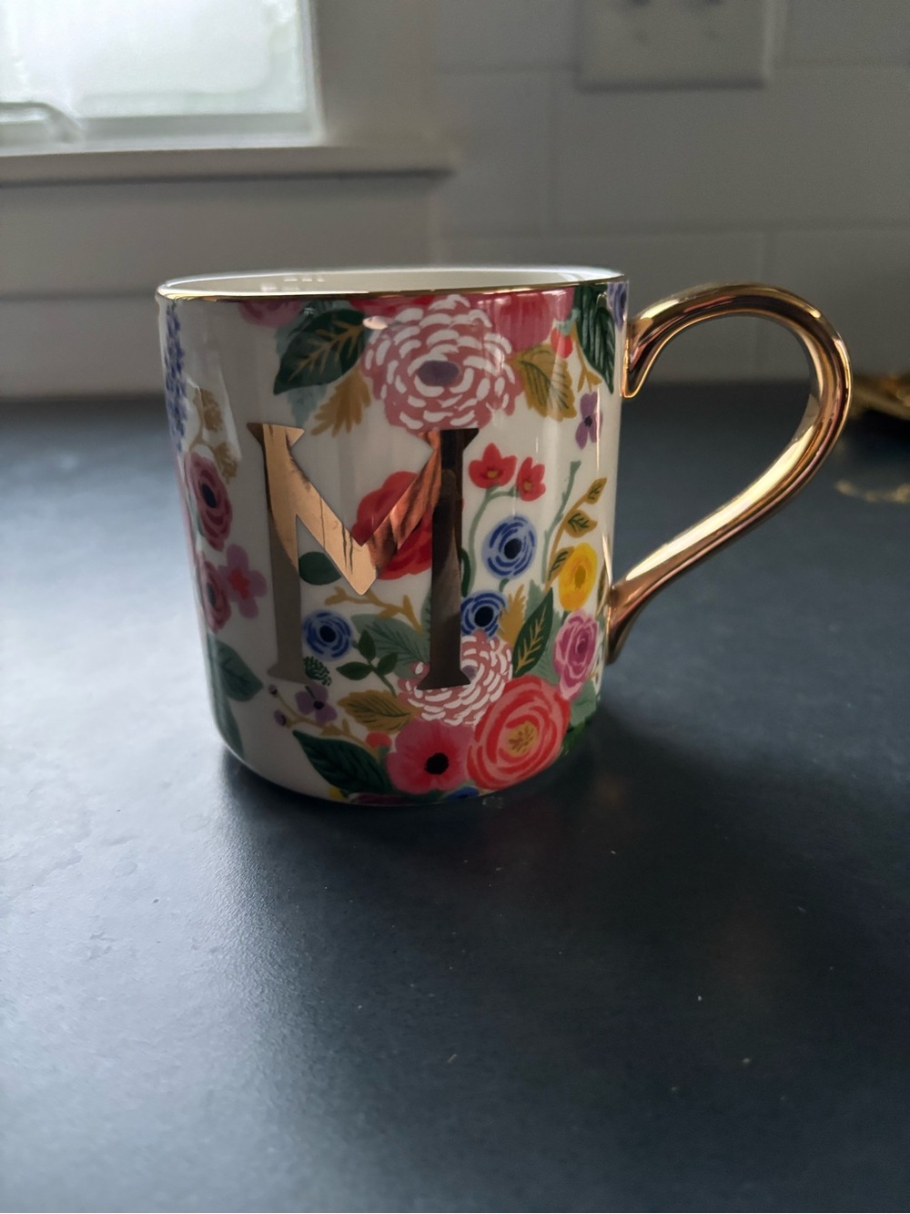 Floral Monogram 'M' Ceramic Mug - White/Pink Anthropologie Rifle Paper Company